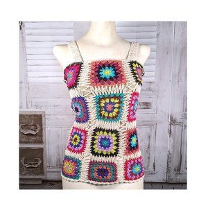 Jaxli Granny Square Crochet Multi Color Tank Top Lace Up Back, Lined Size Small